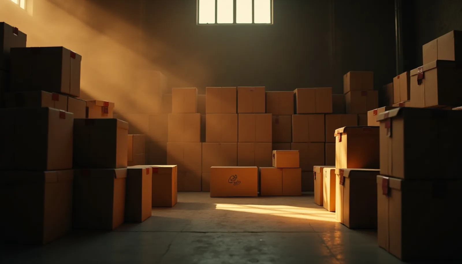 A dense stack of unbranded wholesale cartons in a dark storeroom, cut by a shaft of golden light.